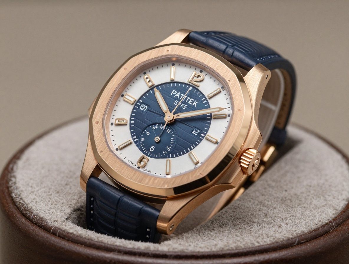 Редкие коллекционные часы Patek Philippe Reference 5711 с синим циферблатом, розовым золотым корпусом на белом глянцевом подиуме с мягким студийным освещением